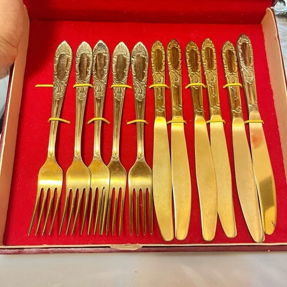 VTG Soviet Gold-Plated Flatware Set USSR 22 pcs Spoons, Forks, Knives Box
